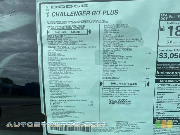 2023 Dodge Challenger R/T Plus 5.7 Liter HEMI OHV 16-Valve VVT V8 6 Speed Manual