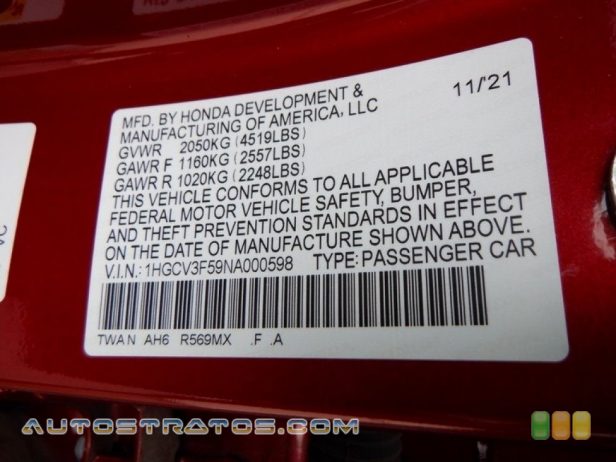 2022 Honda Accord EX-L Hybrid 2.0 Liter DOHC 16-Valve VTC 4 Cylinder Gasoline/Electric Hybrid CVT Automatic