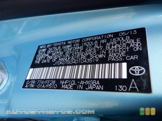 2013 Toyota Prius c Hybrid Three 1.5 Liter DOHC 16-Valve VVT-i 4 Cylinder Gasoline/Electric Hybri ECVT Automatic