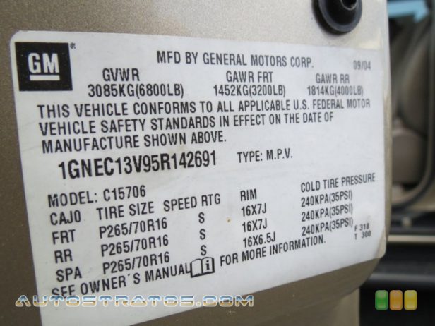 2005 Chevrolet Tahoe LS 4.8 Liter OHV 16-Valve Vortec V8 4 Speed Automatic