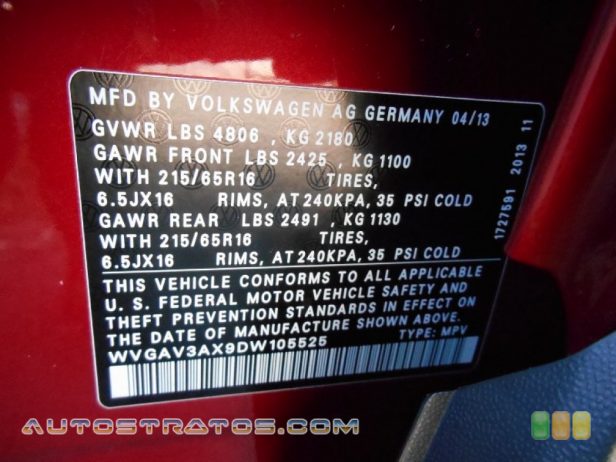 2013 Volkswagen Tiguan S 2.0 Liter FSI Turbocharged DOHC 16-Valve VVT 4 Cylinder 6 Speed Tiptronic Automatic