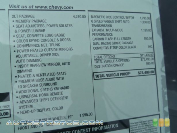 2014 Chevrolet Corvette Stingray Convertible Z51 6.2 Liter DI OHV 16-Valve VVT V8 6 Speed Paddle Shift Automatic