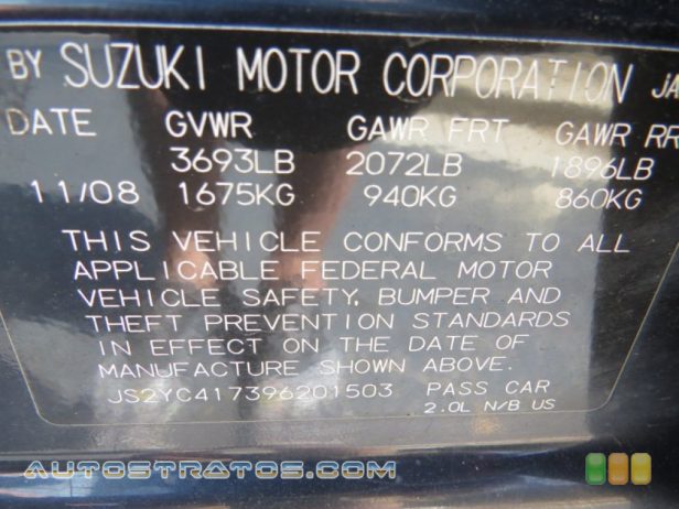 2009 Suzuki SX4 Touring Sport Sedan 2.0 Liter DOHC 16-Valve 4 Cylinder 4 Speed Automatic
