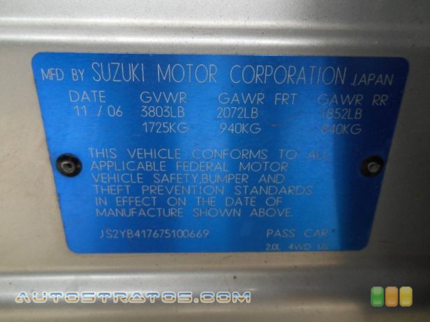 2007 Suzuki SX4 Sport AWD 2.0 Liter DOHC 16-Valve 4 Cylinder 4 Speed Automatic
