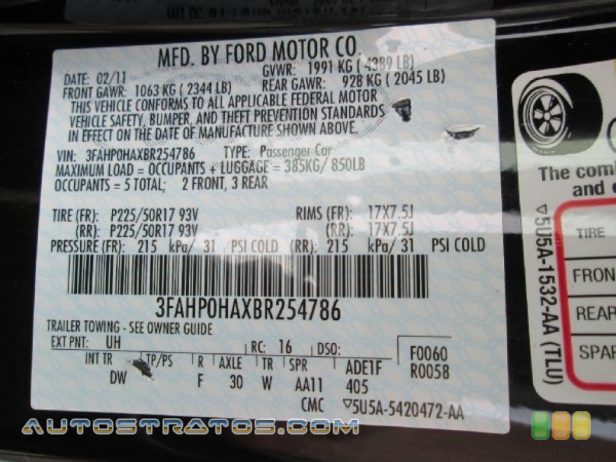 2011 Ford Fusion SE 2.5 Liter DOHC 16-Valve VVT Duratec 4 Cylinder 6 Speed Automatic