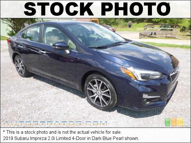 Stock photo for this 2019 Subaru Impreza 2.0i Limited 4-Door 2.0 Liter DI DOHC 16-Valve VVT Flat 4 Cylinder Lineartronic CVT Automatic