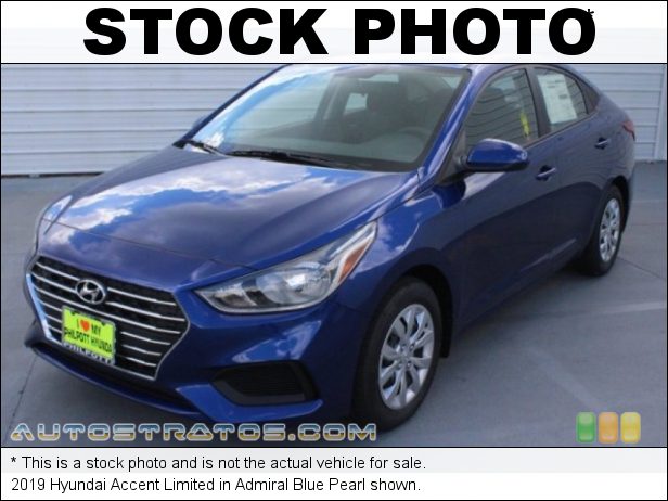 Stock photo for this 2019 Hyundai Accent SEL 1.6 Liter DOHC 16-Valve D-CVVT 4 Cylinder 6 Speed Automatic