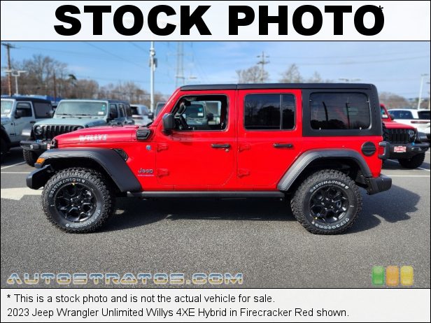 Stock photo for this 2023 Jeep Wrangler Unlimited 4XE Hybrid 2.0 Liter Turbocharged DOHC 16-Valve VVT 4 Cylinder 8 Speed Automatic