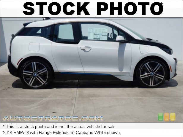 Stock photo for this 2014 BMW i3 with Range Extender 125kW BMW eDrive Hybrid Sychronous Motor/Range Extending 647cc 2 Single Speed Automatic